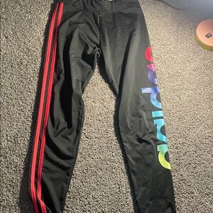 Adidas Kids Black Leggings with Colorful Logo and Red Stripes